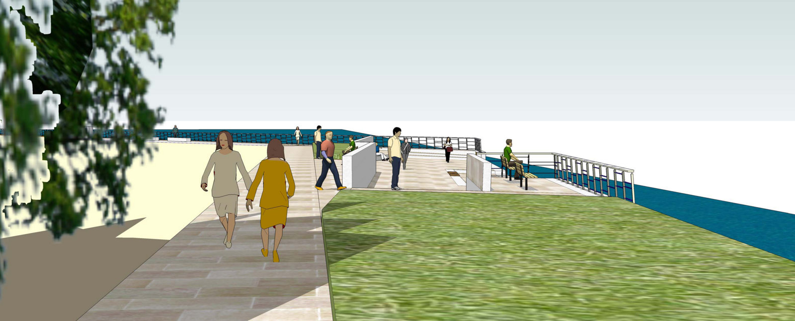 3-D-Visualisierung: UmweltPlan Stralsund - So wird der Freizeitbereich Sundpromenade mit Blick in Richtung Strandbad zukünftig aussehen.