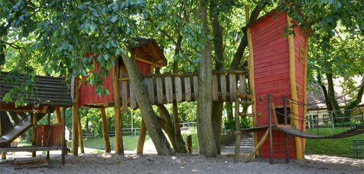 Der Spielplatz zwischen Bäumen im Stralsunder Zoo.