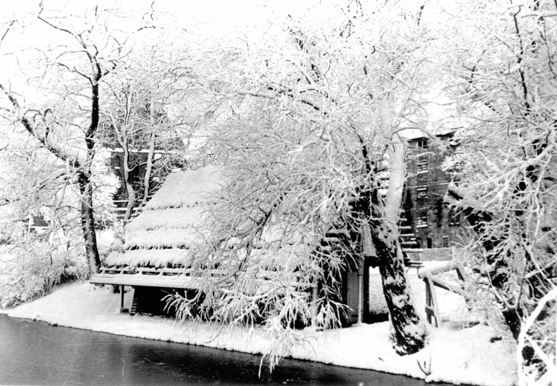 Futterhäuschen am Ententeich an der Küterbastion im Winter 1959.